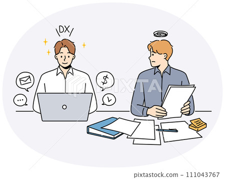 Frustrated employee look at efficient colleague 111043767