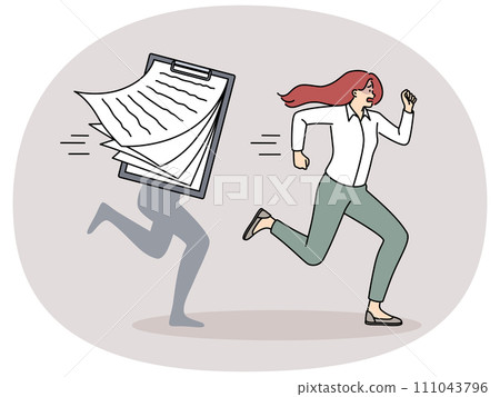 Stressed woman worker run from paperwork 111043796