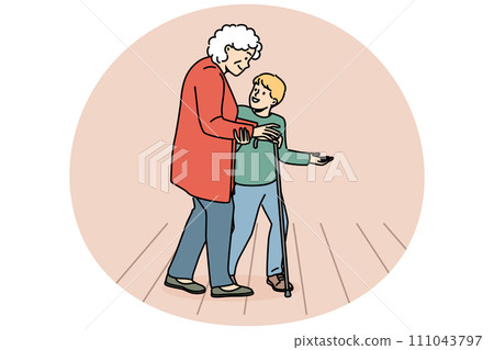 Caring child help old grandmother cross road 111043797