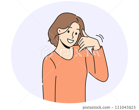 Smiling woman show call me gesture Smiling woman show call me gesture 111043823
