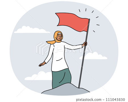 Arabic woman put red flag on mountain peak Arabic woman put red flag on mountain peak 111043830