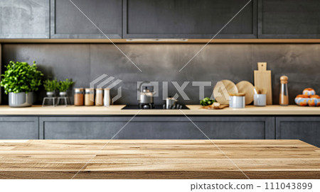 AI-generated content. Wooden light empty tabletop in Scandinavian minimalist style. Kitchen panel against background of gray wall furniture 111043899