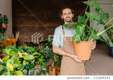 Portrait of beard man florist gardener holding monstera in big pot in flower shop. Small business entrepreneur. Portrait of beard man florist gardener holding monstera in big pot in flower shop. Small business entrepreneur. 111044141