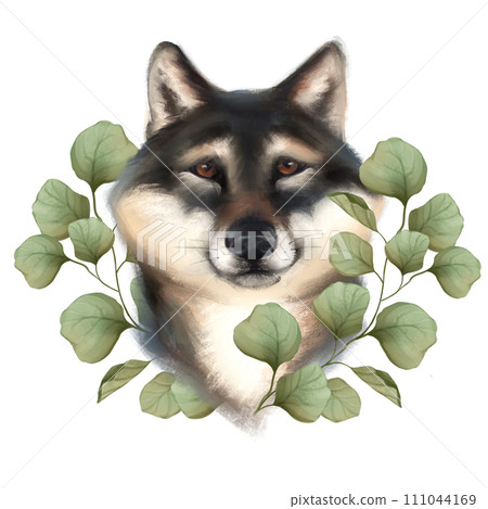 Cute dog with leaves. Animal illustration isolated on white Cute dog with leaves. Animal illustration isolated on white 111044169