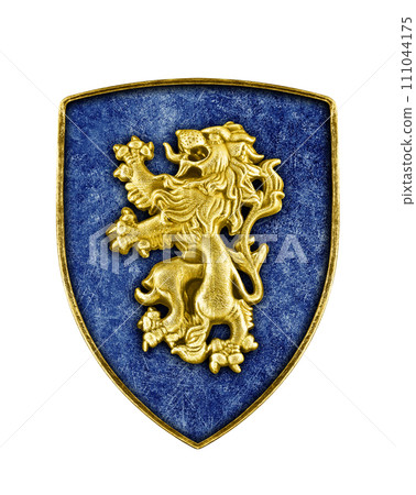 Golden medieval decorated shield with lion isolated on white background Golden medieval decorated shield with lion isolated on white background 111044175