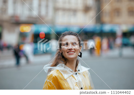 woman in Prague Czech Republic on tram station and walking 111044402