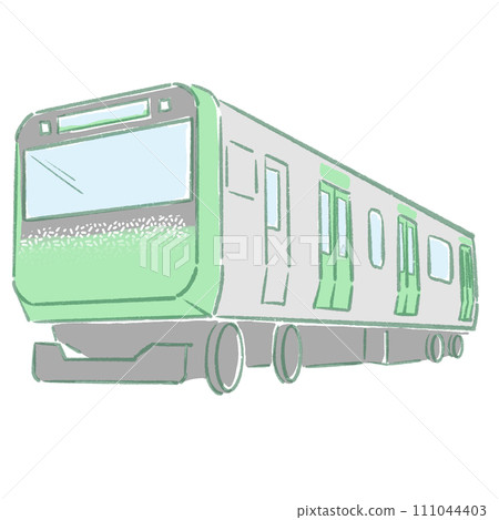 green train running through the city 111044403