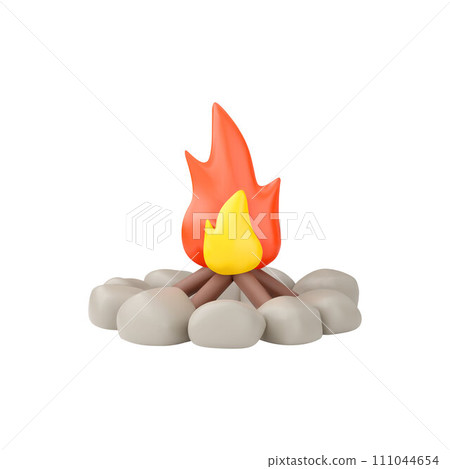 Bright plasticine campfire on gray stones with woods 3D style 111044654
