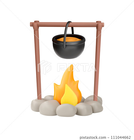 Burning campfire laid cobblestones, flame with cauldron 3D vector, cooking food over a bonfire, camping and picnic Burning campfire laid cobblestones, flame with cauldron 3D vector, cooking food over a bonfire, camping and picnic 111044662