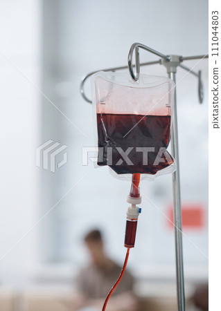 Transparent bag with red blood cells for transfusion in medical center, copy space 111044803