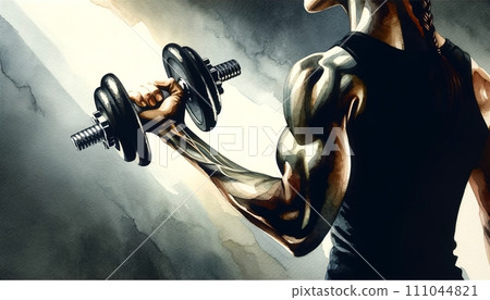 Generative AI The image features a watercolor-style artwork of a focused woman lifting a dumbbell, showcasing strength and determination. 111044821