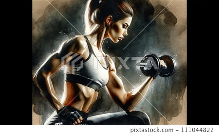 Generative AI The image features a watercolor-style artwork of a focused woman lifting a dumbbell, showcasing strength and determination. Generative AI The image features a watercolor-style artwork of a focused woman lifting a dumbbell, showcasing strength and determination. 111044822