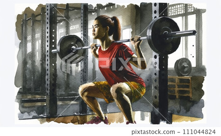 Generative AI The image depicts a watercolor-style painting of a woman performing a squat in a weightlifting gym setting. Generative AI The image depicts a watercolor-style painting of a woman performing a squat in a weightlifting gym setting. 111044824