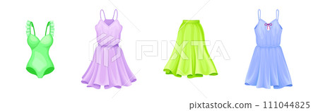 Summer Woman Apparel and Fashionable Clothes with Swimsuit, Dress and Skirt Vector Set 111044825