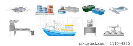 Fishery and Seafood Production Process and Industry Vector Set 111044830