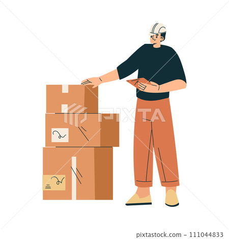 Logistics Service Man Worker Character at Carton Container Stack Vector Illustration 111044833
