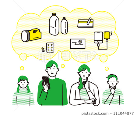 Earthquake - Tsunami damage - Fire - Prepare for disasters - Family discussing disaster prevention - Vector icon set illustration Earthquake - Tsunami damage - Fire - Prepare for disasters - Family discussing disaster prevention - Vector icon set illustration 111044877