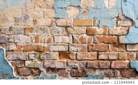 closeup texture image of old brick wall with blue paint, 16:9 widescreen wallpaper / backdrop / background, graphic resources 111044943