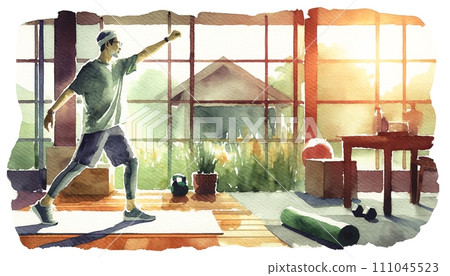 Generative AI The image depicts a man stretching in a sun-drenched gym, a tranquil start to his workout. 111045523
