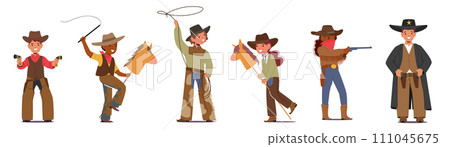 Kids Don Cowboy Hats, Jackets, And Leather Boots, Toy Pistols, Wood Horse or Rope, Embodying Spirit Of Wild West Kids Don Cowboy Hats, Jackets, And Leather Boots, Toy Pistols, Wood Horse or Rope, Embodying Spirit Of Wild West 111045675