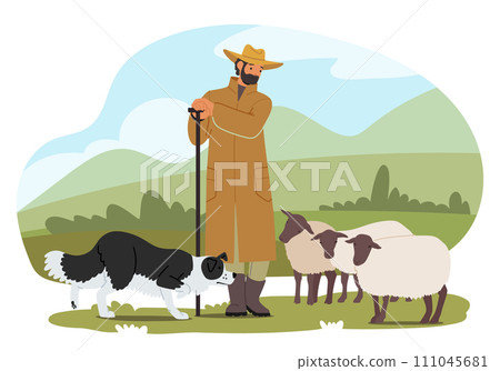 Shepherd, A Diligent Guardian, Tends To The Flock With Unwavering Dedication. His Loyal Dog, A Furry Companion 111045681