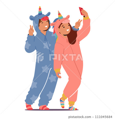 Adorable Kids Characters Don Unicorn-themed Kigurumi Pajamas, Making Selfie on Smartphone, Cartoon Vector Illustration 111045684