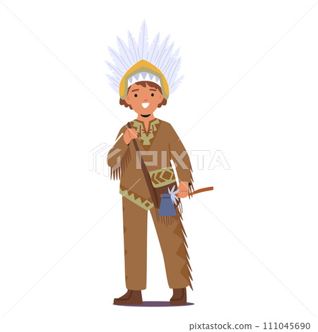 Native American Kid in Traditional Outfit Features Fringe, And Feathers, Holding Tomahawk, A Symbolic Tool 111045690
