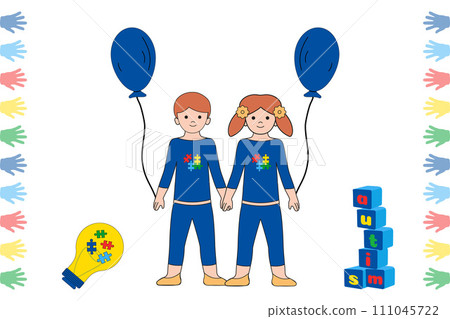 Autistic children with blue air balloon, yellow light bulb with puzzles and pyramid of cubes toy. Autistic children with blue air balloon, yellow light bulb with puzzles and pyramid of cubes toy. 111045722