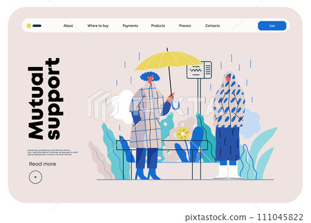 Mutual Support: Offer an umbrella to a stranger -modern flat vector concept illustration of a at a bus stop in the rain offering an umbrella A metaphor of voluntary, collaborative exchanges 111045822