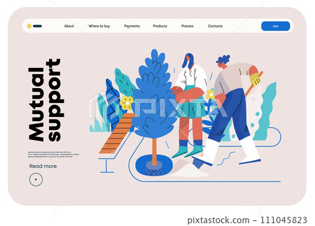 Mutual Support: Community yard improvement -modern flat vector concept illustration of people planting trees and plants A metaphor of voluntary, collaborative exchanges of resource, services 111045823