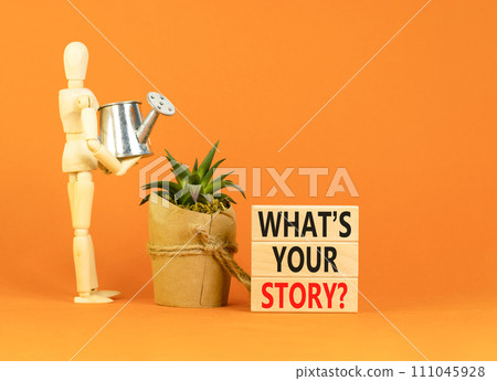Storytelling and what is your story symbol. Concept words What is your story on blocks. Beautiful orange background. Businessman icon. Business storytelling and what is your story concept. Copy space. Storytelling and what is your story symbol. Concept words What is your story on blocks. Beautiful orange background. Businessman icon. Business storytelling and what is your story concept. Copy space. 111045928