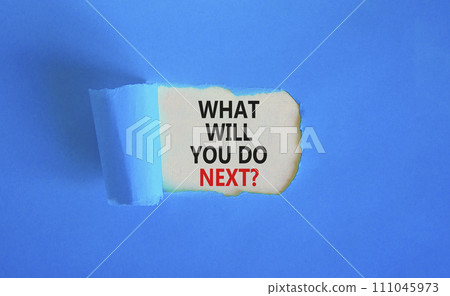 What will you do next symbol. Concept words What will you do next on beautiful white paper. Beautiful blue paper background. Business, what will you do next concept. Copy space. What will you do next symbol. Concept words What will you do next on beautiful white paper. Beautiful blue paper background. Business, what will you do next concept. Copy space. 111045973