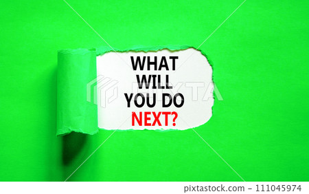 What will you do next symbol. Concept words What will you do next on beautiful white paper. Beautiful green paper background. Business, what will you do next concept. Copy space. 111045974