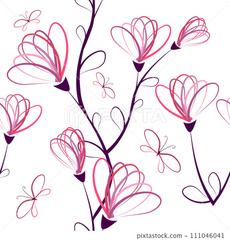 Seamless pattern of flowers from a line. hand drawn. Not AI . Vector illustration Seamless pattern of flowers from a line. hand drawn. Not AI . Vector illustration 111046041