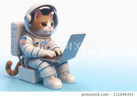 Cat astronaut sitting in a spacesuit at a laptop. Space for text. 111046391