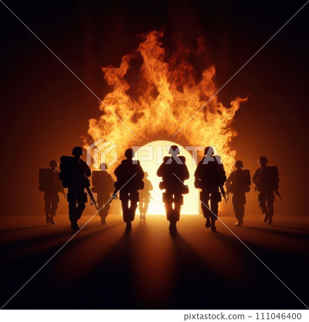 Silhouettes of soldiers going to fire. Silhouettes of soldiers going to fire. 111046400