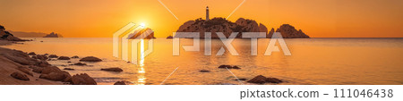 Orange sky and lighthouse on the horizon 111046438