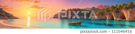 Serene sunset: boat on beach 111046458