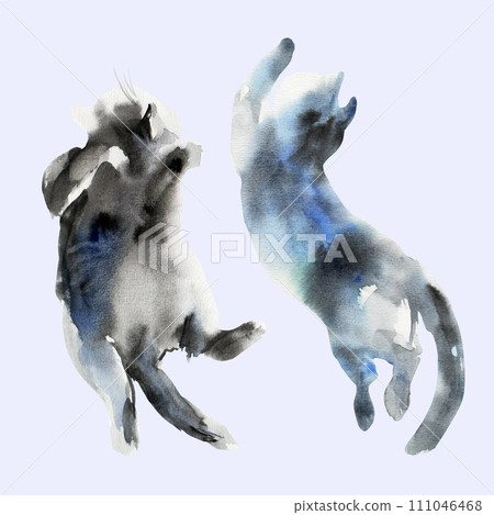 Abstract cat sketch, animal print stains, beautiful shapes, pastel color palette. Watercolor illustration of playing pet 111046468