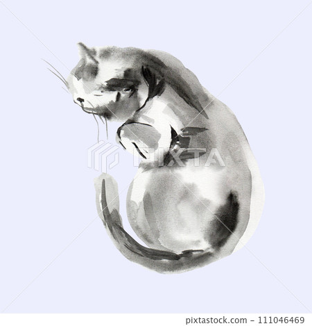 Abstract cat sketch, animal print stains, beautiful shapes, pastel color palette. Watercolor illustration of sleeping, lying pet Abstract cat sketch, animal print stains, beautiful shapes, pastel color palette. Watercolor illustration of sleeping, lying pet 111046469