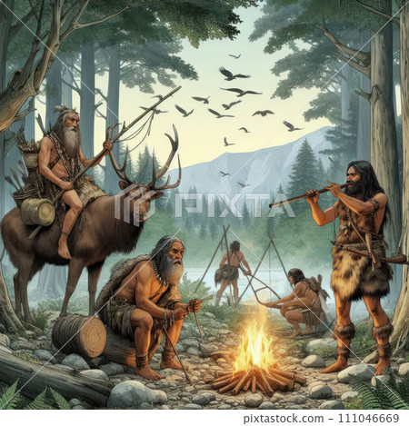 Primitive people gathered around a fire in the forest. 111046669