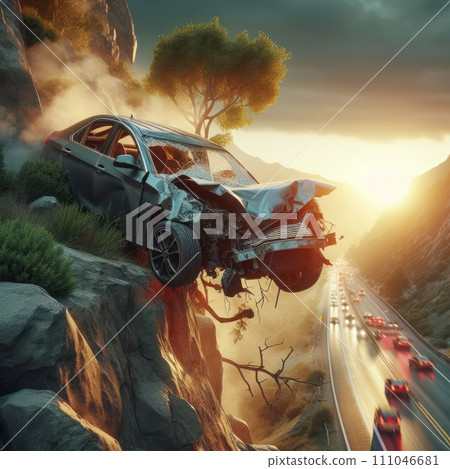 A car involved in an accident hangs on the edge of a cliff. A car involved in an accident hangs on the edge of a cliff. 111046681