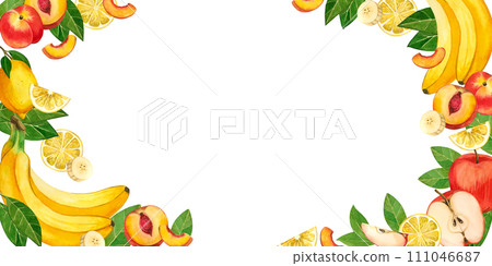 Ripe fruits. Watercolor illustration. Bright fruits apples, nectarines, bananas, green leaves, fruit slices hand drawn in watercolor. For printing on fabric and paper, for designing napkins and towels Ripe fruits. Watercolor illustration. Bright fruits apples, nectarines, bananas, green leaves, fruit slices hand drawn in watercolor. For printing on fabric and paper, for designing napkins and towels 111046687