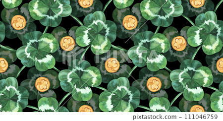 St.Patrick's day seamless pattern with watercolor clover leaves and golden coins on white background. Hand drawn. For paper, fabric, texile design, web 111046759