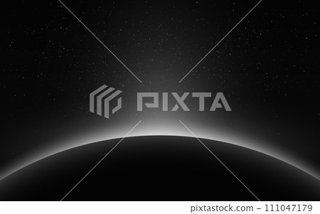 Sunrise earth. Cosmos eclipse. Sun rising over planet. Space sunrise with bright beams. Solar ring with sunlight and stars. Earth horizon. Vector illustration 111047179