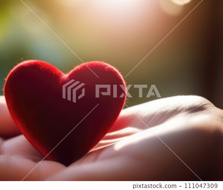 Beautiful fluffy voluminous red velvet heart lies on palm in closeup. Womans hand holds heart on blurred background. Copy space. For valentines, mothers day greeting card, love sale banner, voucher. 111047309