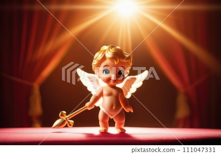 Illustration of greeting card of figurine of cute, funny baby cupid angel with gold curly hair on pastel colors background. Promotion, shopping template for love and valentines, mothers day concept. Illustration of greeting card of figurine of cute, funny baby cupid angel with gold curly hair on pastel colors background. Promotion, shopping template for love and valentines, mothers day concept. 111047331