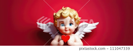 Illustration of greeting card of figurine of cute, funny baby cupid angel with gold curly hair on pastel colors background. Promotion, shopping template for love and valentines, mothers day concept. 111047339