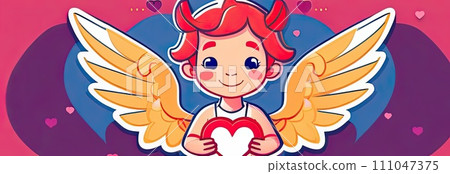 Illustration of greeting card white, cute, funny baby cupid angel with gold curly hair on pastel colors background. Promotion, shopping template for love and valentines, mothers day concept. Flat lay. 111047375