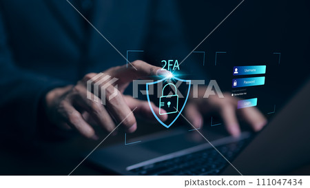 Privacy protect data and cybersecurity concepts. The two-factor authentication laptop computer screen displays 2FA. Data protection with 2FA increases security. Log in with a username and password. 111047434